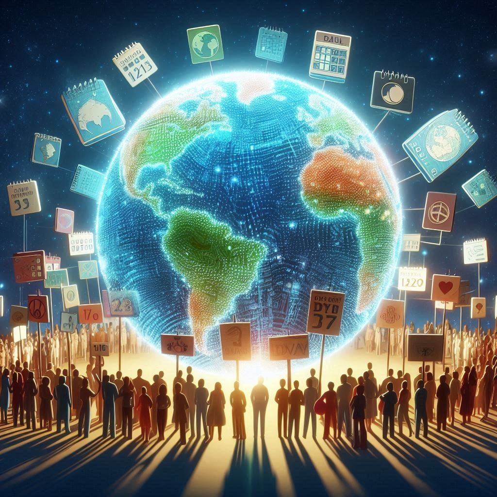 about us : Calendar floating above Earth surrounded by glowing icons for peace, health, history, and culture.