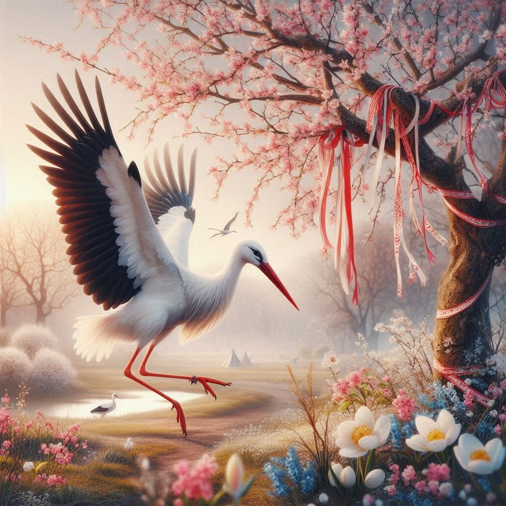 Stork and blooming tree symbolizing the end of Martenitsa season